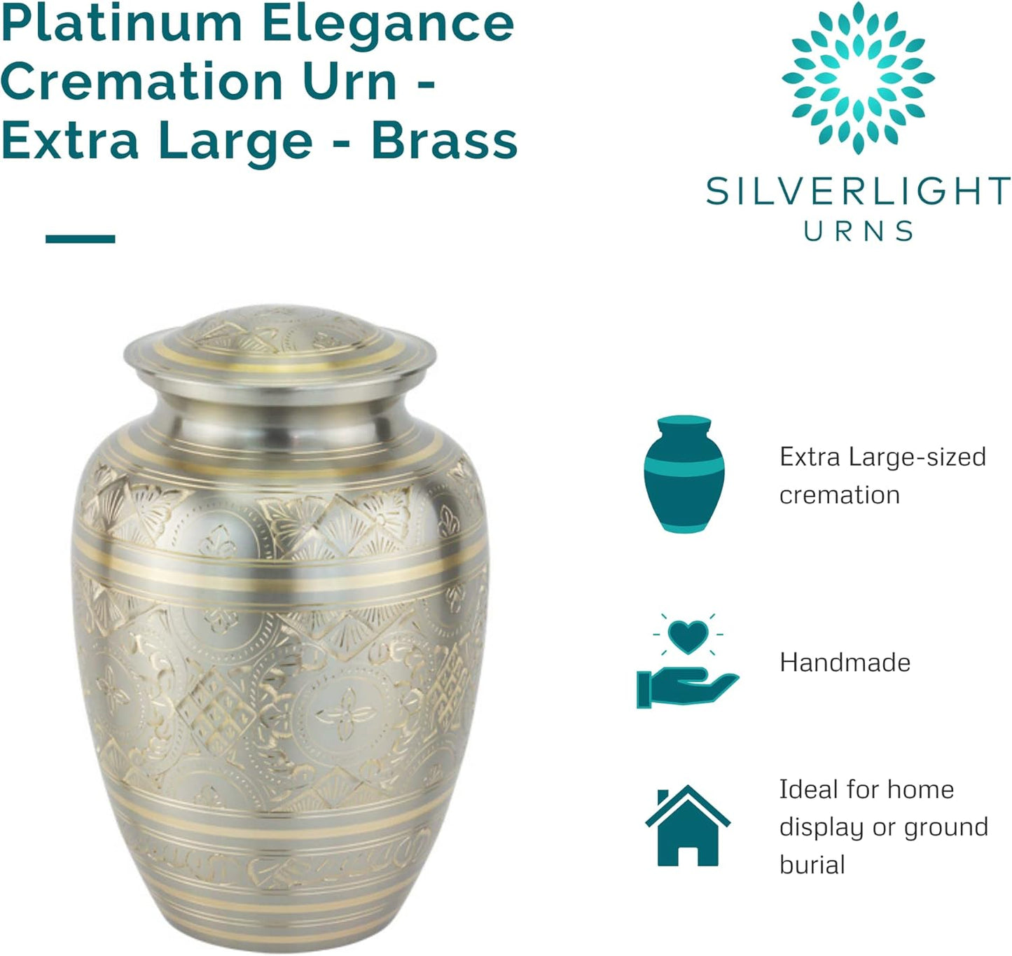 Platinum Elegance Cremation Urn for Ashes in Extra Large, Brass, Silver Urn, Extra Large Adult Sized Cremation Urn, 11.25 Inches High