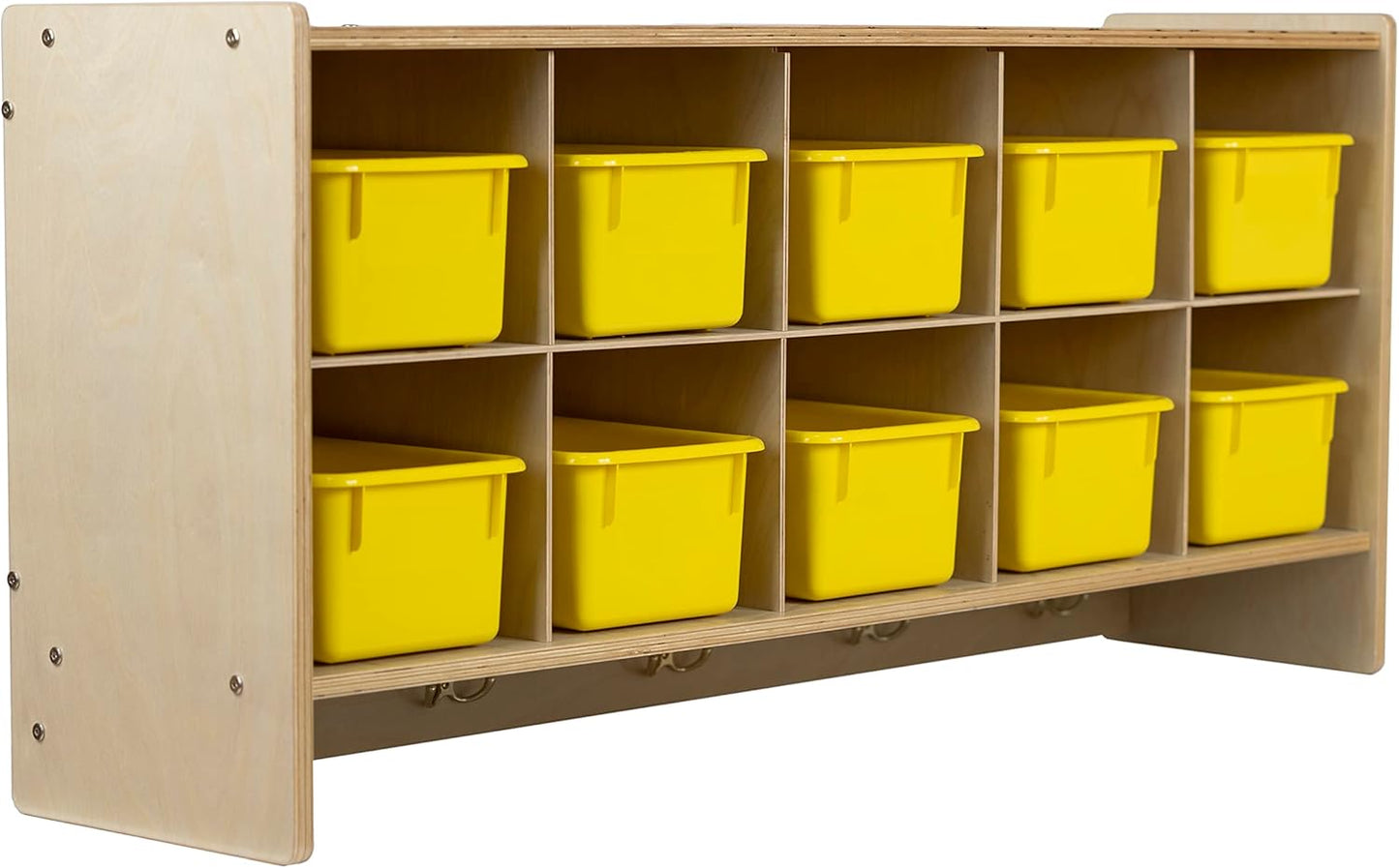 10 Section Wall Mount Classroom Storage Organizer, Cubby Shelving with Coat Locker, Translucent Trays, and Hooks for Daycare, Home, Kids Friendly Design, 21.75" High