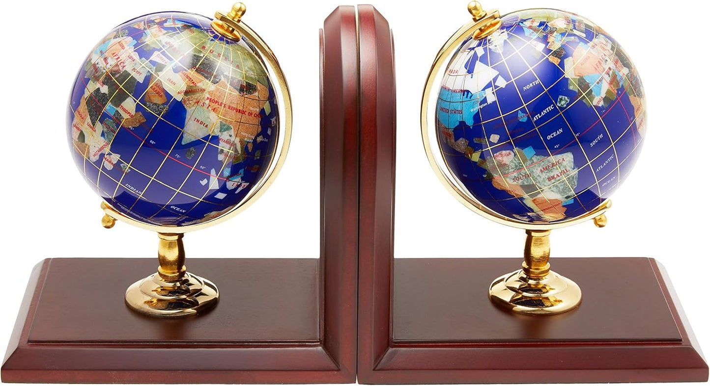 Unique Art 7-Inch Tall Pair of Blue Lapis Ocean Gemstone World Globe Bookends