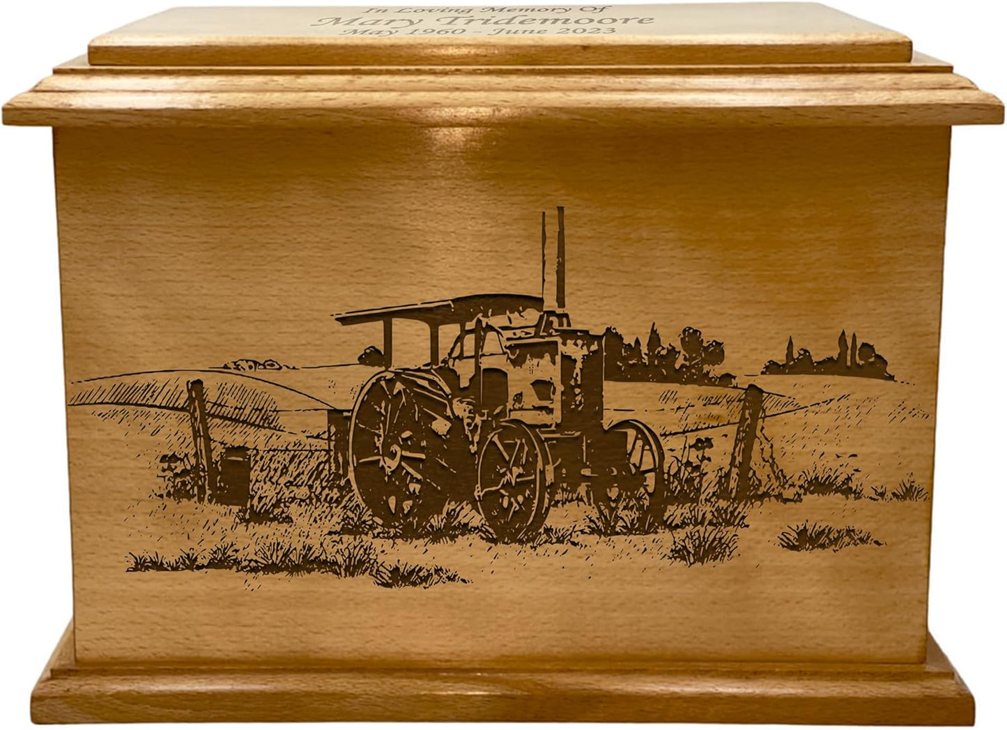 Wooden Urn for Human Ashes, Large Funeral Cremation Urn with Personlaization and Multiple Designs (Old Tractor)