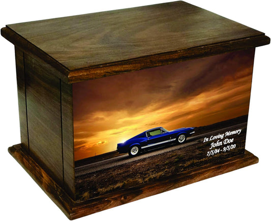 Classic Car Sunset Human Adult Size Wooden Cremation Urn with Custom Picture and Personalization