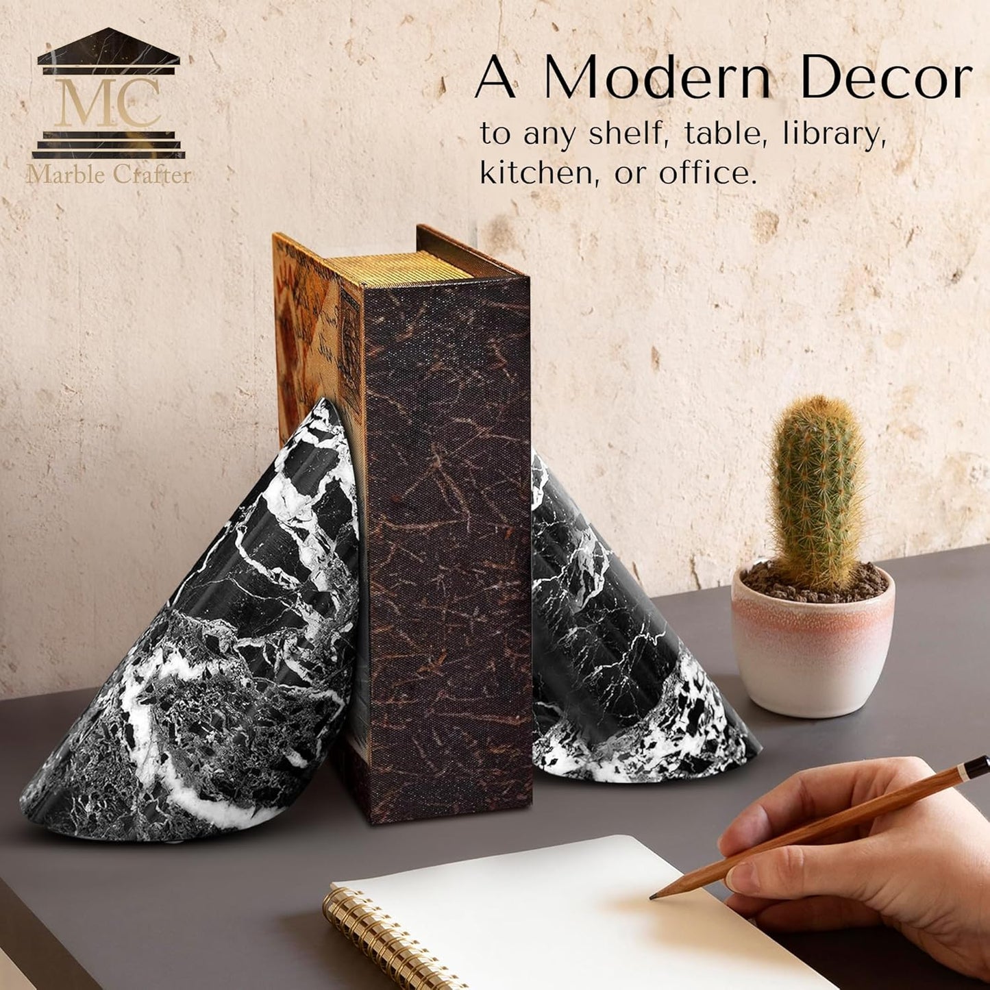 Modern Cylindrical Marble Bookends – Hand Carved, Polished Stone Bookends w/Non-Slip Rubber Pads – Lightweight & Compact Decorative Bookends - Versatile, Luxury Book Organizer for Shelf & More