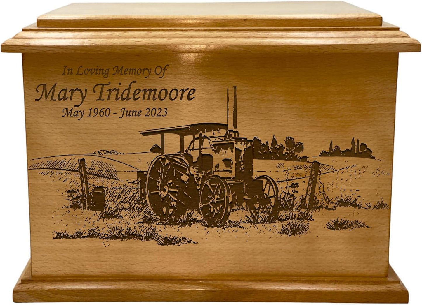 Wooden Urn for Human Ashes, Large Funeral Cremation Urn with Personlaization and Multiple Designs (Old Tractor)