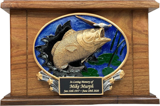 Bass Fish Funeral Cremation Urn, Large Size Wooden Funeral Urn with Personalization