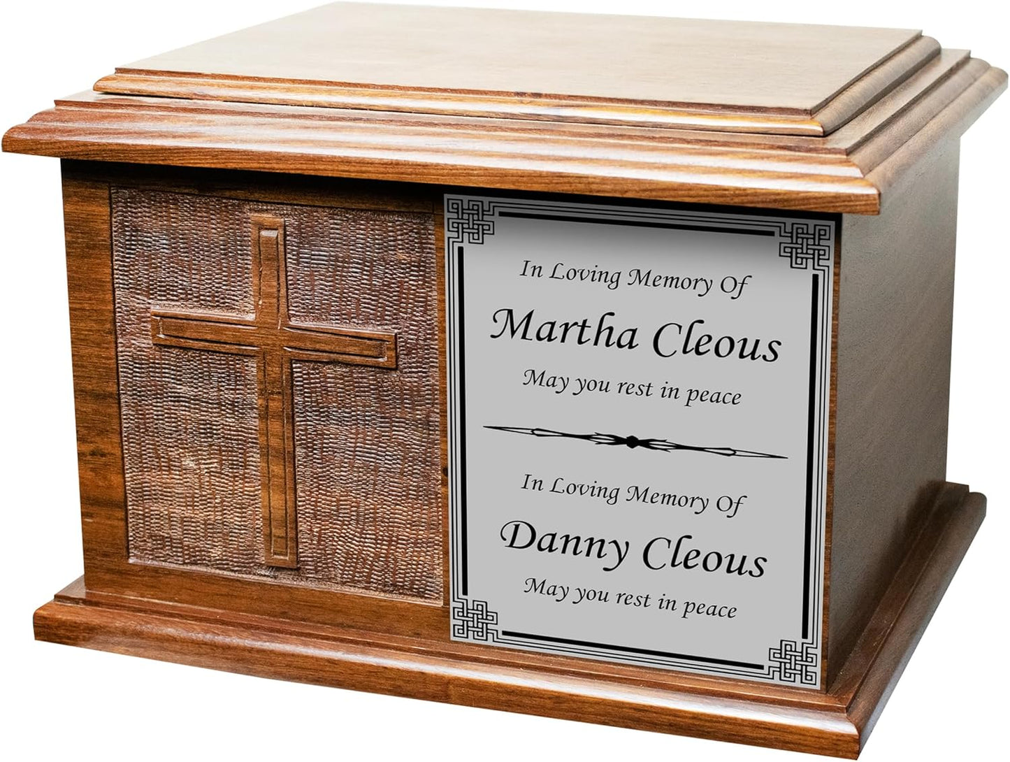 Extra Large Cross Wooden Funeral Cremation Ash Urn, Companion Human Cremation Urn, Double Urn with Customized Name Plate