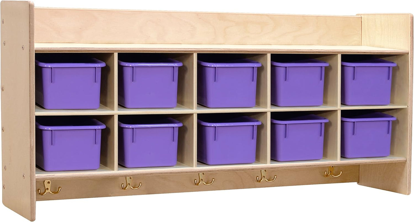 Contender Cubby Storage Organizer Cubes, Daycare Shelves with 10 Cubbies with Hooks and Shelf, Hanging Wall Mount, Furniture for Kids Toys, Classroom, 47-inch Width
