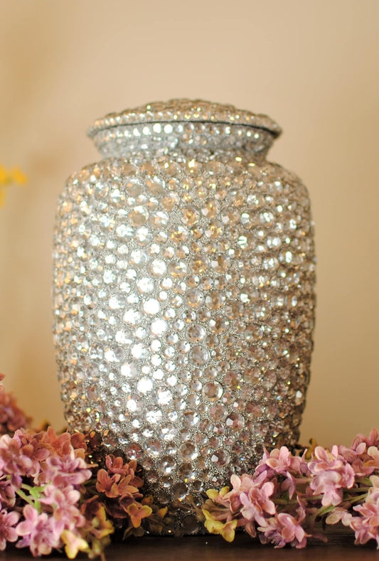 Diamond-Studded Cremation Urn for Human Ashes, Crystal-Embellished Funeral Urns for Adults Ashes Men & Women, Large Handcrafted Aluminum Memorial Urn, Decorative Ashes Container for Home (10.5 Inches)