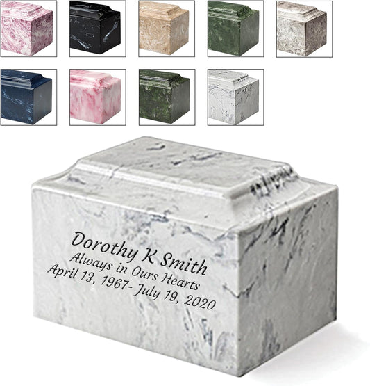 Custom Engraved Mackenzie Urn Vault - Up to Three Line of Custom Engraving Included. Six Different Custom Fonts to Choose from. Cultured Marble Adult Full Size urn. Carrera Color