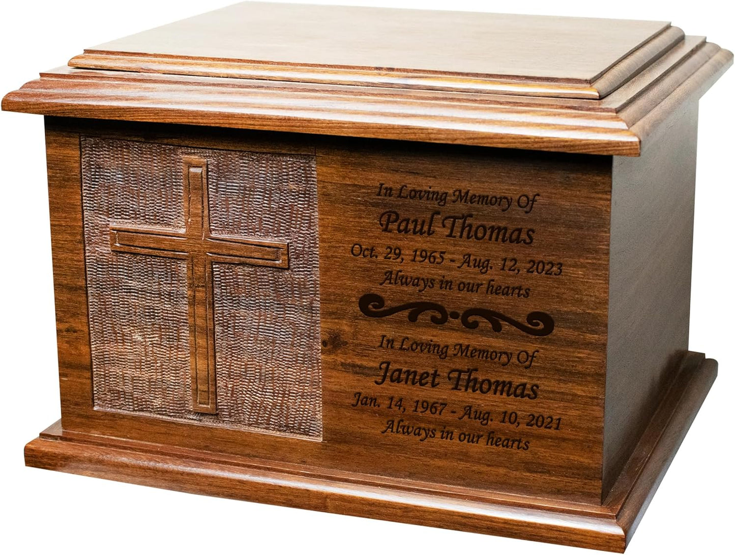 Extra Large Cross Wooden Funeral Cremation Ash Urn, Companion Human Cremation Urn, Double Urn with Customized Name Plate