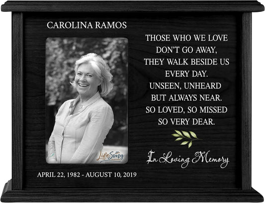 LifeSong Milestones Personalized Engraved Wooden Cremation Urn Box for Adult Human Ashes Holds 4x6 Photo Memorial Picture Frame for Loss of Loved One Holds 200 cu.in Human Ashes (Black)