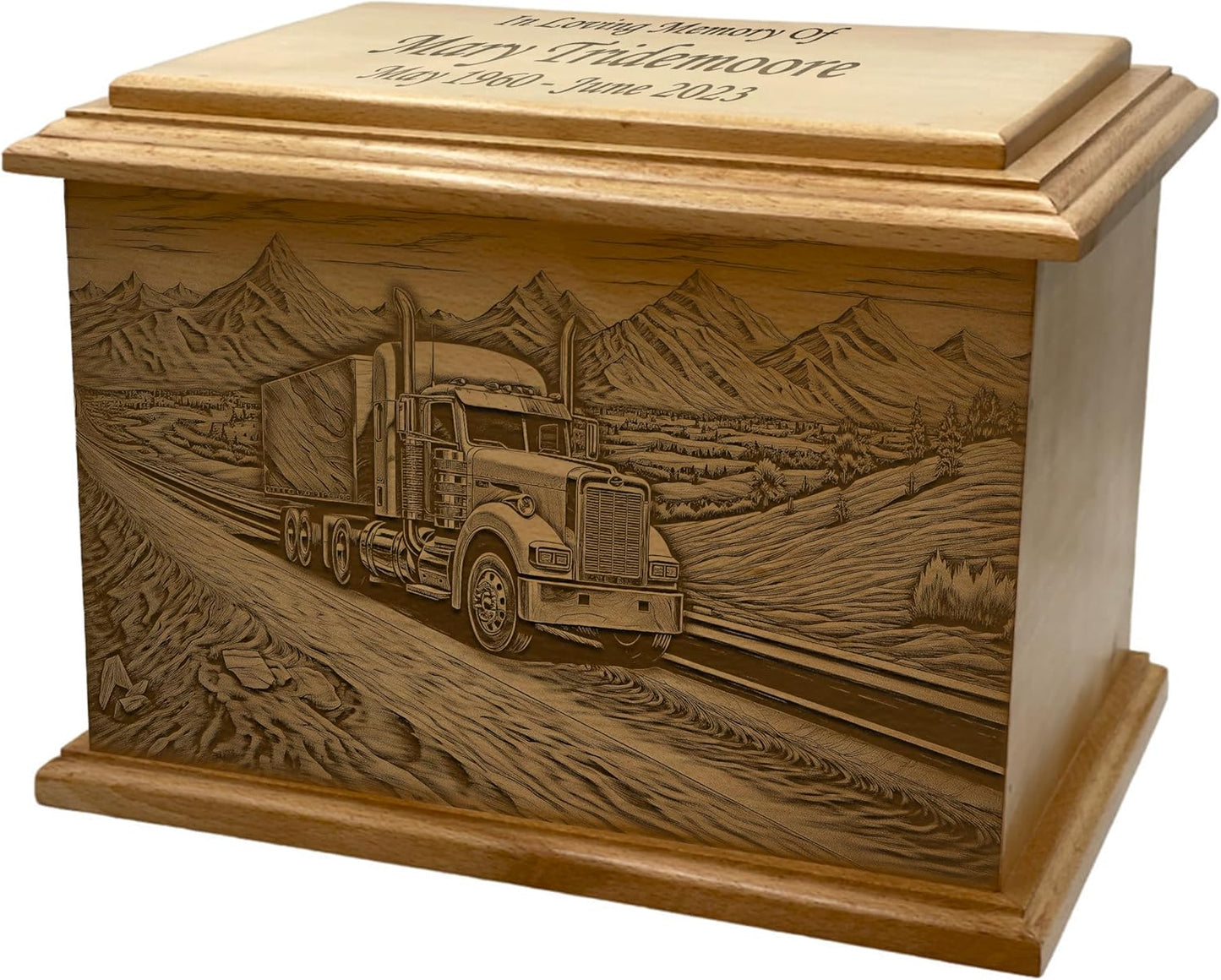 Wooden Urn for Human Ashes, Large Funeral Cremation Urn with Personlaization and Multiple Designs (Old Tractor)