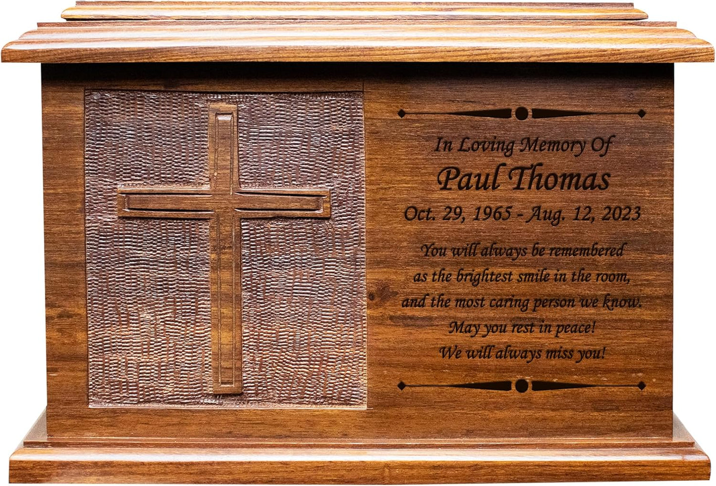 Extra Large Cross Wooden Funeral Cremation Ash Urn, Companion Human Cremation Urn, Double Urn with Customized Name Plate