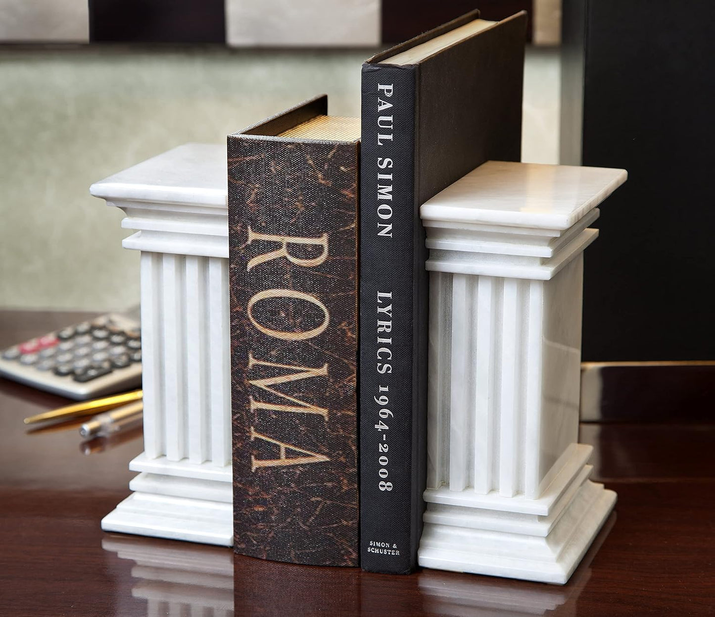 Modern Fluted Column Marble Bookends – Hand Carved, Polished Stone Bookends w/Non Slip Rubber Pads – Lightweight & Compact Decorative Bookends - Versatile, Luxury Book Organizer for Shelf & More